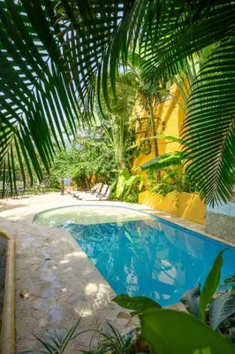 a swimming pool with a conservatory with a palm roof at Encomendero Hotel -Centro Histórico- in Santa Fe de Antioquia