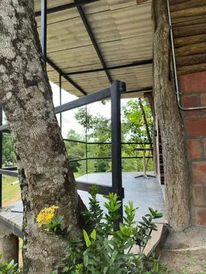 a building with two trees in front of a porch at Cabañas San Jose in Doradal
