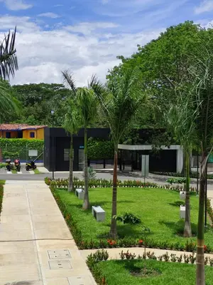 a park with palm trees and a building at Casitadisol in Santa Fe de Antioquia