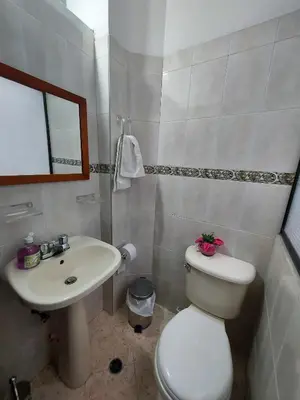 a bathroom with a white toilet and a sink at Apartamento cerca Mall La Central y Estación Tranvía in Medellín