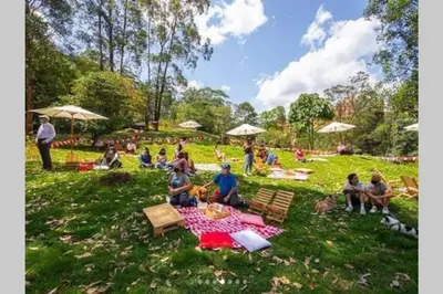 a group of people sitting on a picnic blanket in the grass at Beautiful Apartment UltraFast Internet /El Poblado in Medellín