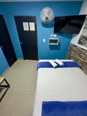 a blue room with a bed and a fan at Hotel Select Medellin in Medellín