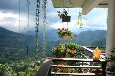 a balcony with flowers and a view of the mountains at Casa NATIVO in Jardin