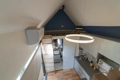 an overhead view of a kitchen in a tiny house at Moderna casa pequeña en el Poblado MDE A106 in Medellín
