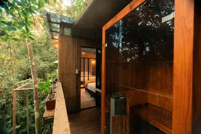 a glass door leading into a tree house at BubbleSky Glamping Guatapé in Guatapé