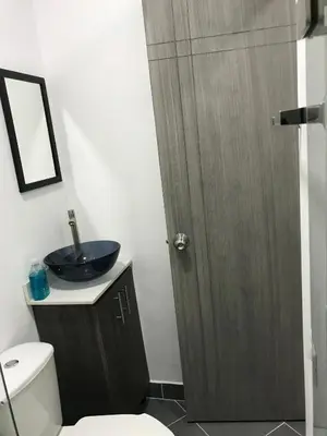 a bathroom with a toilet and a sink with a wooden door at Aparta estudio amoblado Medellin, San joaquin in Medellín