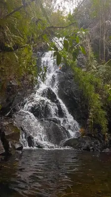 a waterfall on the side of a river at BioHotel Ecohouse in Guarne