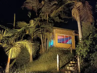 a house with palm trees around it at night at BioHotel Ecohouse in Guarne