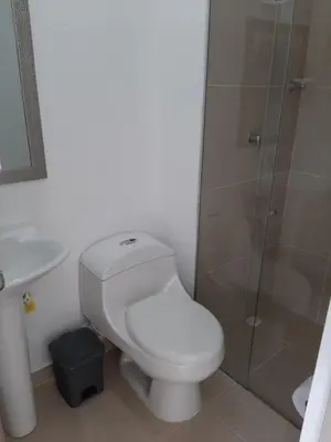 a white bathroom with a toilet and a shower at Apartamento Citadela Di Sole Santa fe De Antioquia in Santa Fe de Antioquia