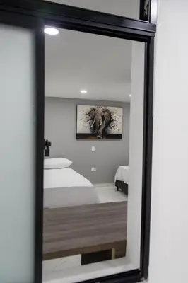 a mirror reflection of a bedroom with an elephant in it at Nómada Hospedaje in San Rafael