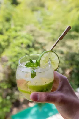 a hand holding a glass with a green drink at EcoHotel Casa Maria Parda in Cocorná