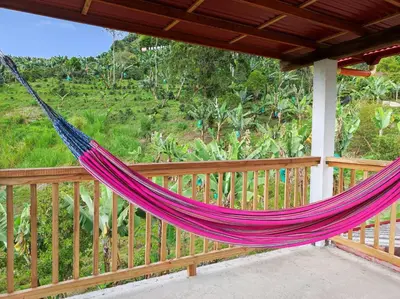 a hammock on a porch with a view of a field at Casa La Martina disponible en Jardín Antioquia in Jardin