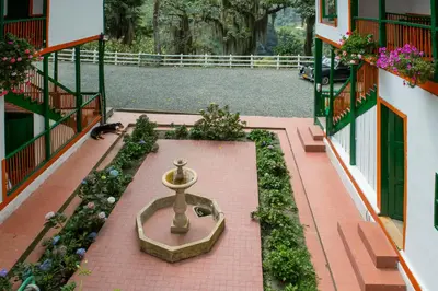 a courtyard with a fountain in the middle of a building at Hacienda Charrascal Coffe Farm in Manizales