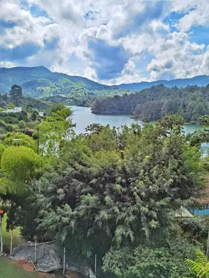 a view of a lake with trees and mountains at Hermosa casa de campo en GUATAPÉ in Guatapé