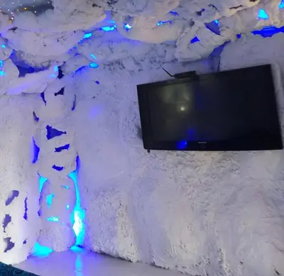 a tv hanging on a wall with a snow covered wall at Glamping Spa & Coffee Tour in Medellín