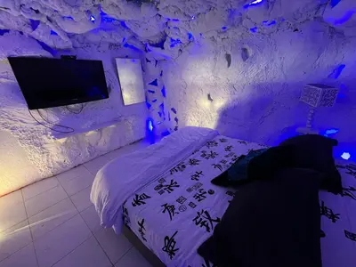a room with a bed and a tv in a cave at Glamping Spa & Coffee Tour in Medellín