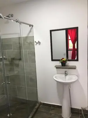 a bathroom with a sink and a glass shower at El Edén hotel Campestre in Pensilvania