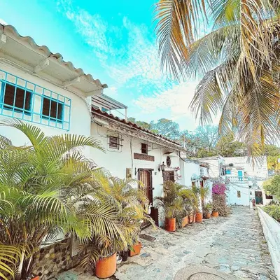 a white house with palm trees in front of it at El santorini colombiano en Doradal in Puerto Triunfo