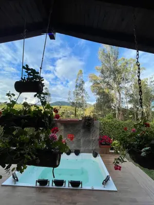 a swimming pool in the middle of a patio with flowers at finca Encanto in Guarne