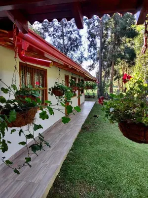a porch of a house with potted plants on it at finca Encanto in Guarne