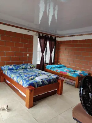 two beds in a room with a brick wall at CASA EN DORADAL in Puerto Triunfo