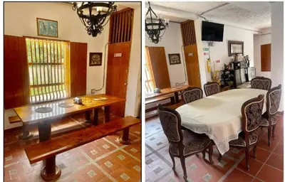 two pictures of a dining room with a table at Hotel Macao in Jardin