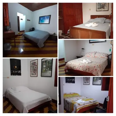 four pictures of a bedroom with two beds and a table at Hostal La Comedia in Jardin