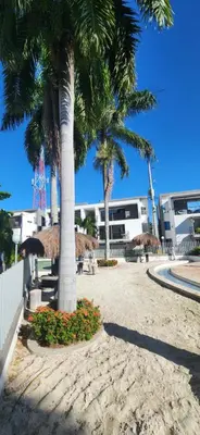 a beach with palm trees and flowers on the sand at Apartasol Ciudadela Santafe - Santa Fe de Antioquia in Santa Fe de Antioquia