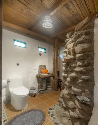 a bathroom with a toilet and a stone wall at Finca Los Abuelos - La Planta in Concepción