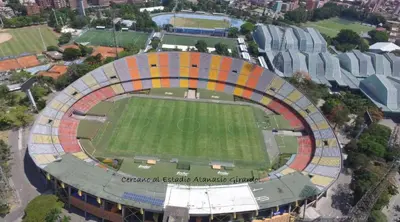 an aerial view of a soccer field with a stadium at APARTAMENTO AMOBLADO SECTOR LAURELES-ESTADIO hasta 6 personas - Praga in Medellín