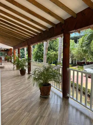 a porch with potted plants on a wooden deck at Eco hotel el bosque in Doradal