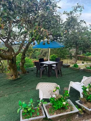 a table and chairs under a tree with a blue umbrella at Finca Palma de Coco, Municipio de el Peñol Antioquia in El Peñol