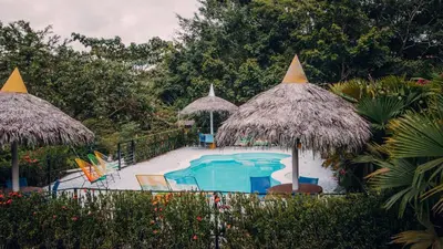 a swimming pool with two straw umbrellas and a swimming pool at Makenke Hostel By Los Colores Ecoparque in Doradal