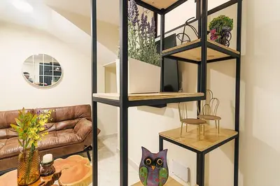 a living room with a black book shelf at Rinconcito Encantador in Medellín