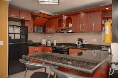a kitchen with wooden cabinets and black appliances at Calle 8 Suites in Medellín