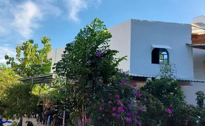 a building with a tree with flowers in front of it at Aldea Inmueble in Doradal
