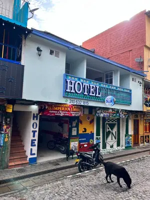 a black dog standing in front of a building at HOTEL BLUE GUATAPE in Guatapé