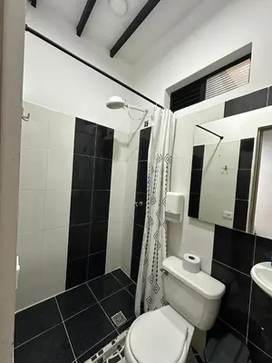 a bathroom with a toilet and a shower and a sink at HOTEL BLUE GUATAPE in Guatapé