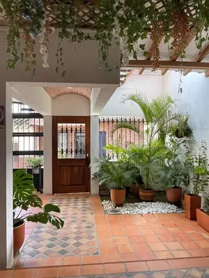 a lobby with potted plants and a wooden door at Hotel Primavera Santa Fe in Santa Fe de Antioquia
