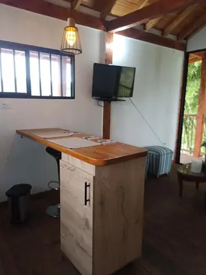 a room with a wooden counter with a tv on the wall at Glamping IKIGAI in Marinilla