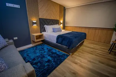 a bedroom with a bed and a blue rug at Unique Suite in El Poblado CoWork/ GYM / Fast WiFi in Medellín