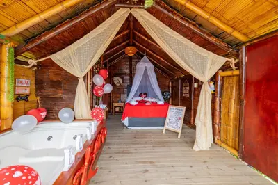 a room with a bed with a canopy and balloons at Glamping Mirador Santa Fe-Sopetran in Sopetran
