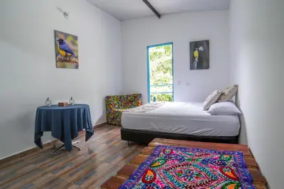 a bedroom with a bed and a table with a rug at La Posada de las Aves in San Rafael