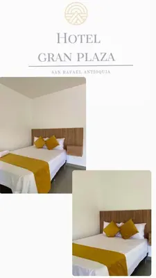 two pictures of a hotel room with two beds at HOTEL GRAN PLAZA SAN RAFAEL in San Rafael