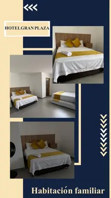 a collage of pictures of a bed with yellow pillows at HOTEL GRAN PLAZA SAN RAFAEL in San Rafael