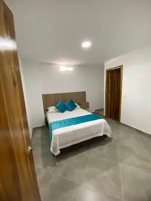 a bedroom with a large bed with blue pillows at HOTEL GRAN PLAZA SAN RAFAEL in San Rafael