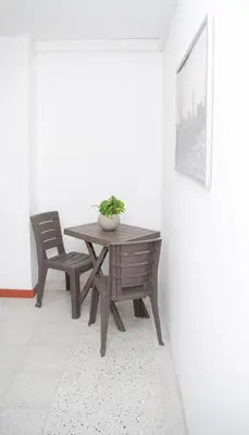 a dining room table and chair with a plant on it at Hotel Villa Park Real in Medellín