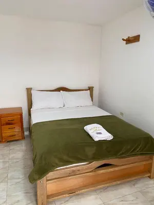a bedroom with a bed with a green blanket on it at Hotel la Victoria in San Roque