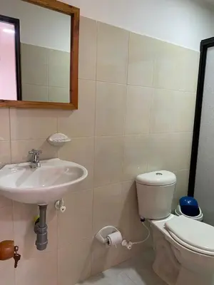 a bathroom with a sink and a toilet and a mirror at Hotel la Victoria in San Roque