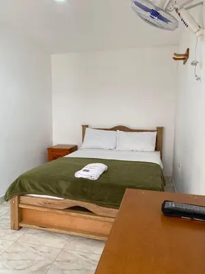 a bedroom with a bed with a green blanket and a table at Hotel la Victoria in San Roque